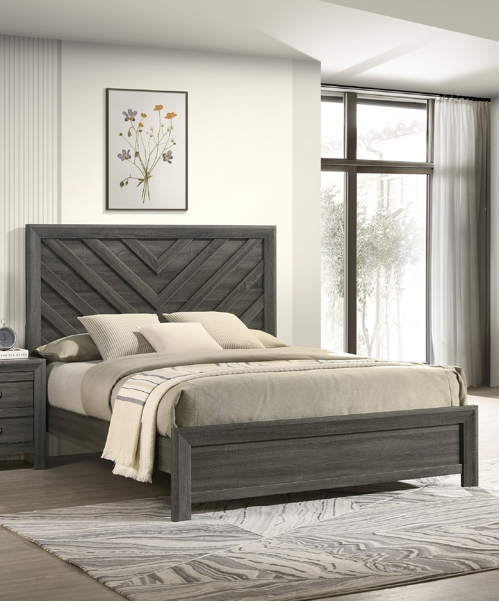 1pc Queen Size Bed Rustic Gray Finish Wooden Bedroom Furniture Geometric Design Chevron Pattern