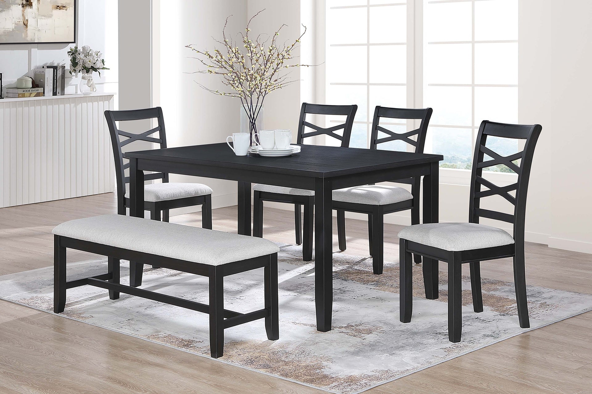Dining Room Furniture 6pcs Set Charcoal Dining Table 4x Side Chairs Bench Rubberwood Cross Back Design Chair Wooden Top