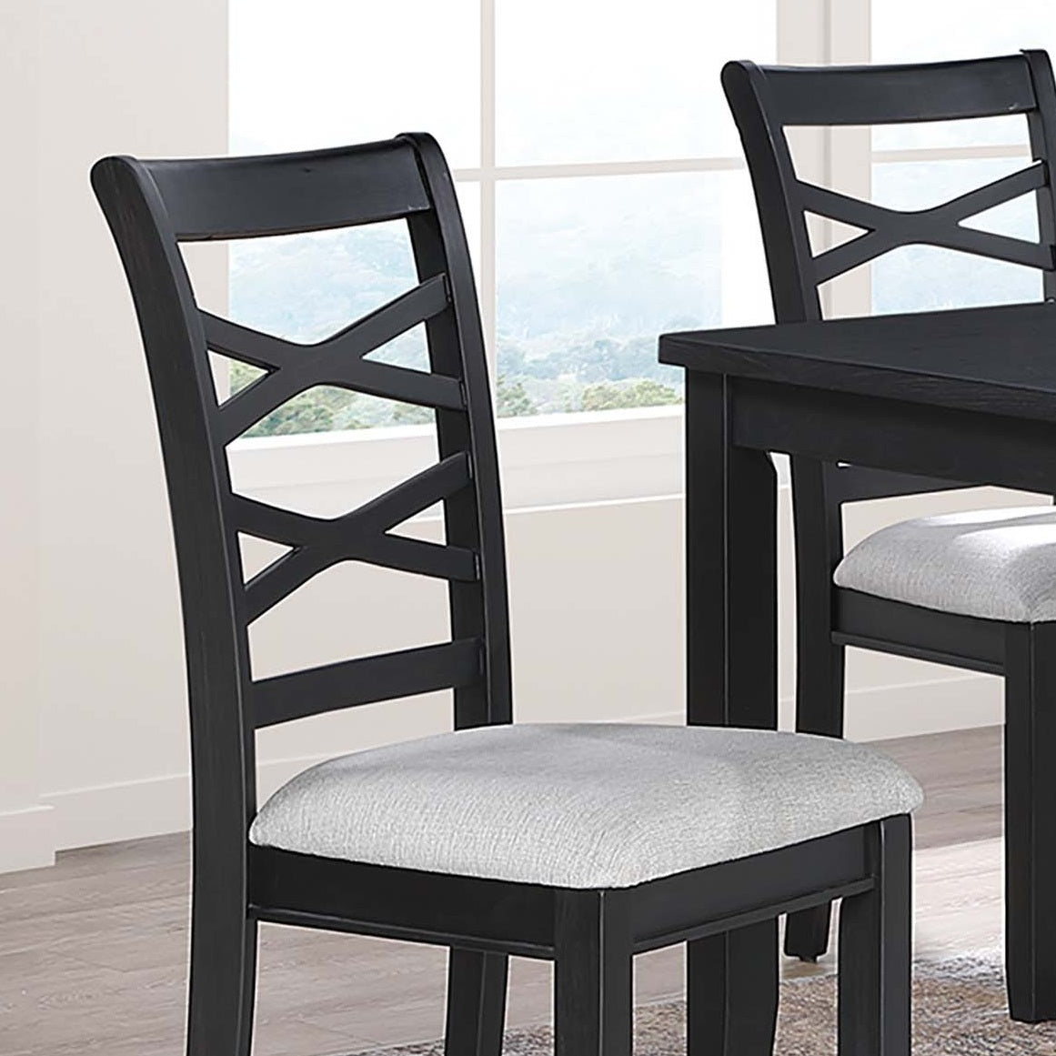 Dining Room Furniture 6pcs Set Charcoal Dining Table 4x Side Chairs Bench Rubberwood Cross Back Design Chair Wooden Top