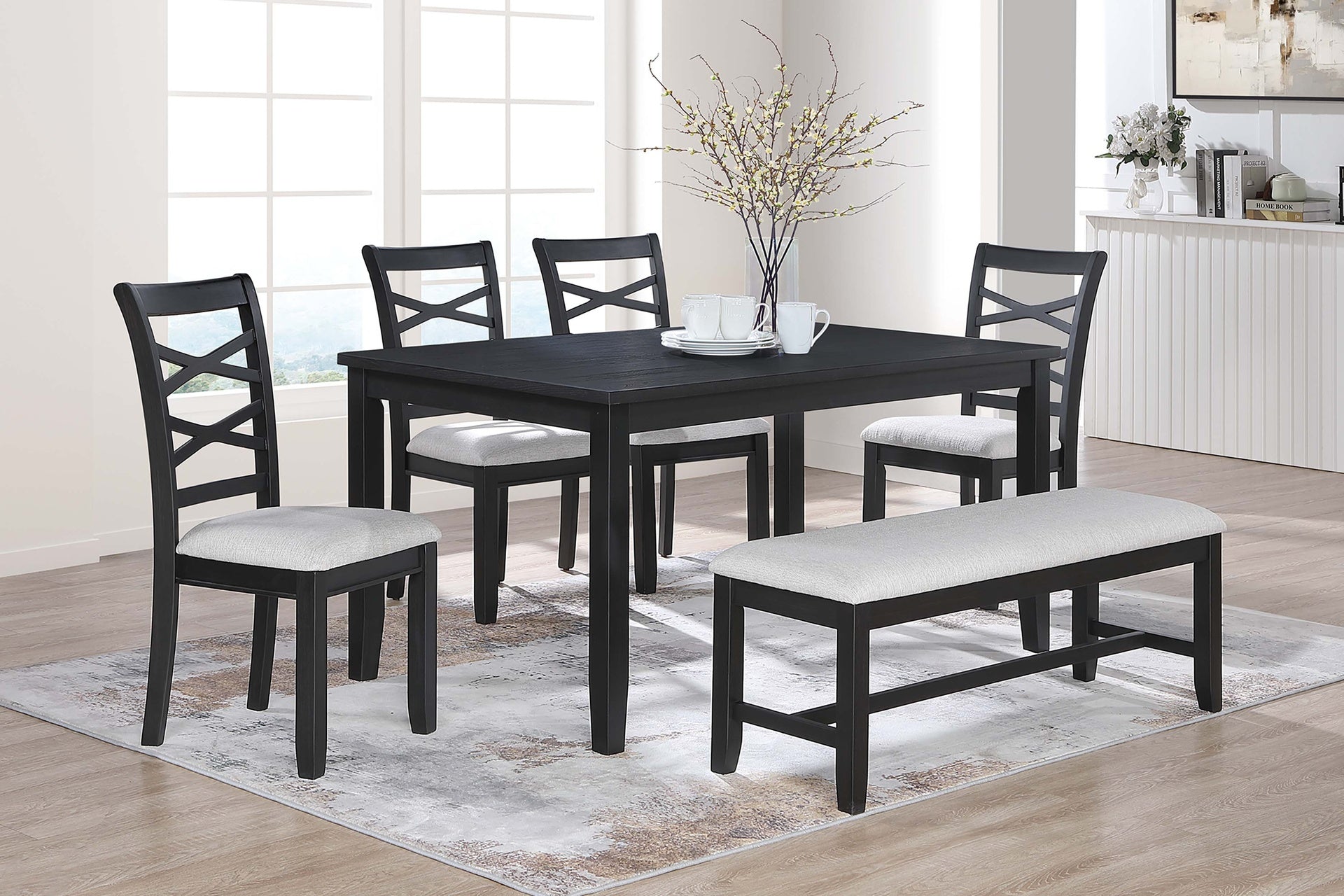 Dining Room Furniture 6pcs Set Charcoal Dining Table 4x Side Chairs Bench Rubberwood Cross Back Design Chair Wooden Top