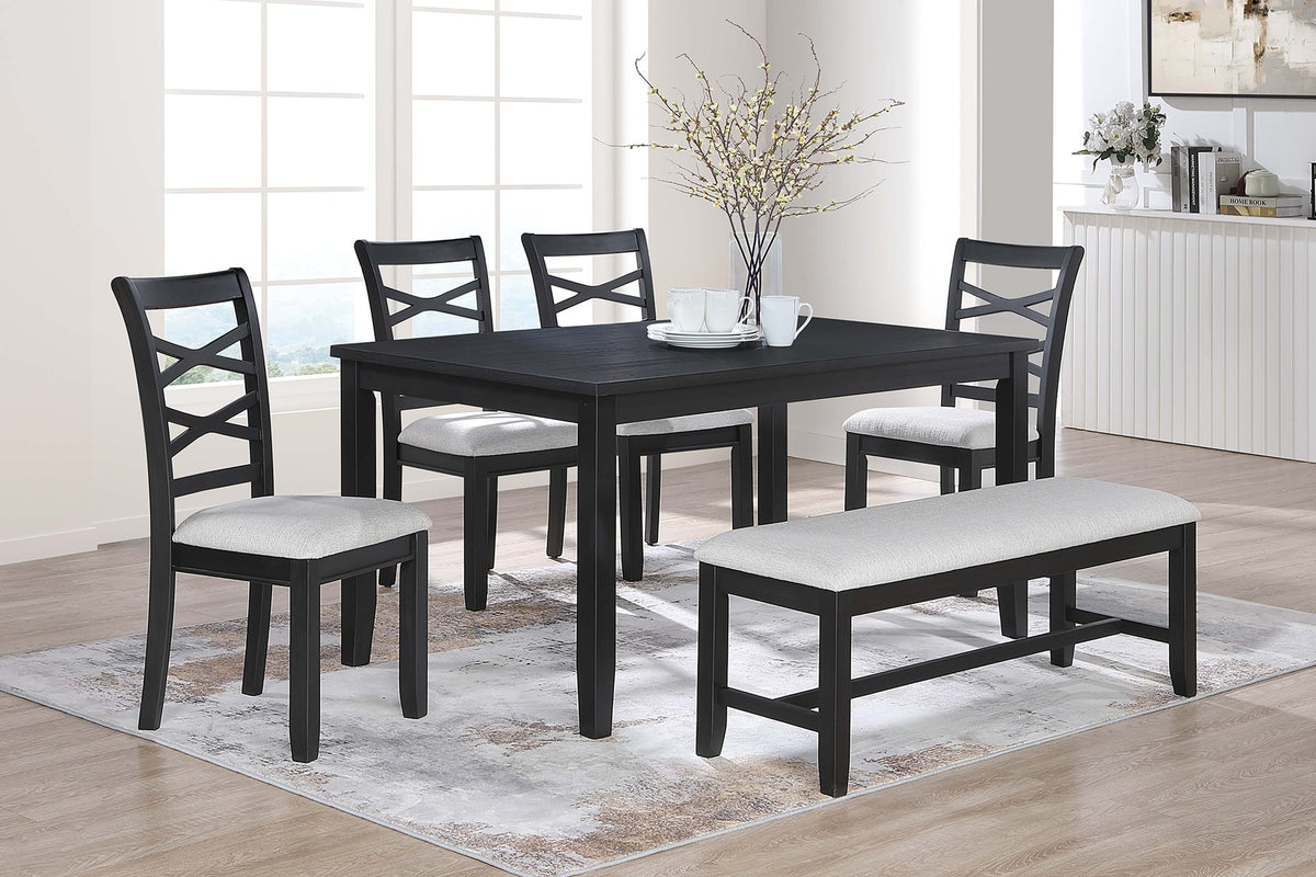 Dining Room Furniture 6pcs Set Charcoal Dining Table 4x Side Chairs Bench Rubberwood Cross Back Design Chair Wooden Top
