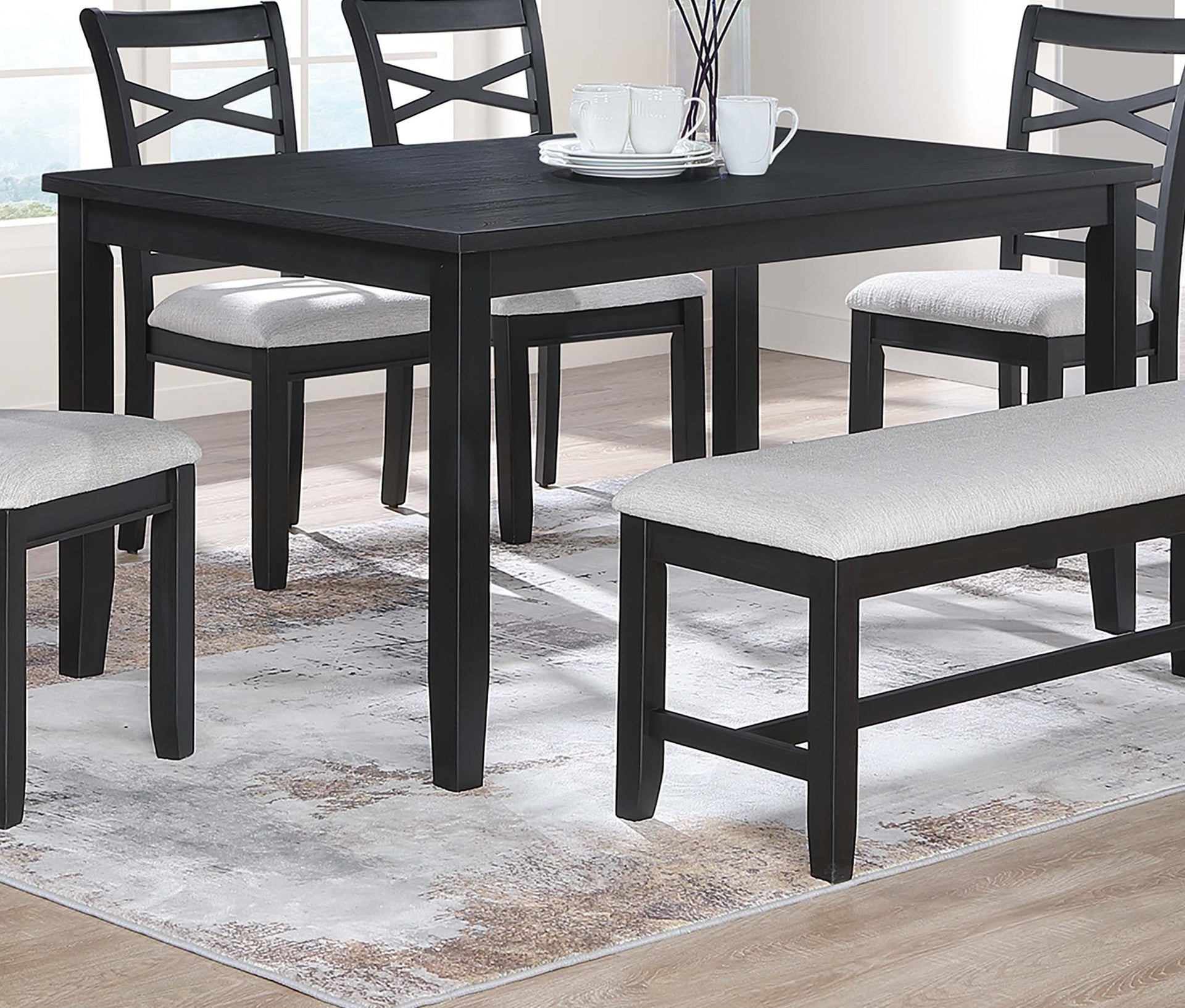 Dining Room Furniture 6pcs Set Charcoal Dining Table 4x Side Chairs Bench Rubberwood Cross Back Design Chair Wooden Top