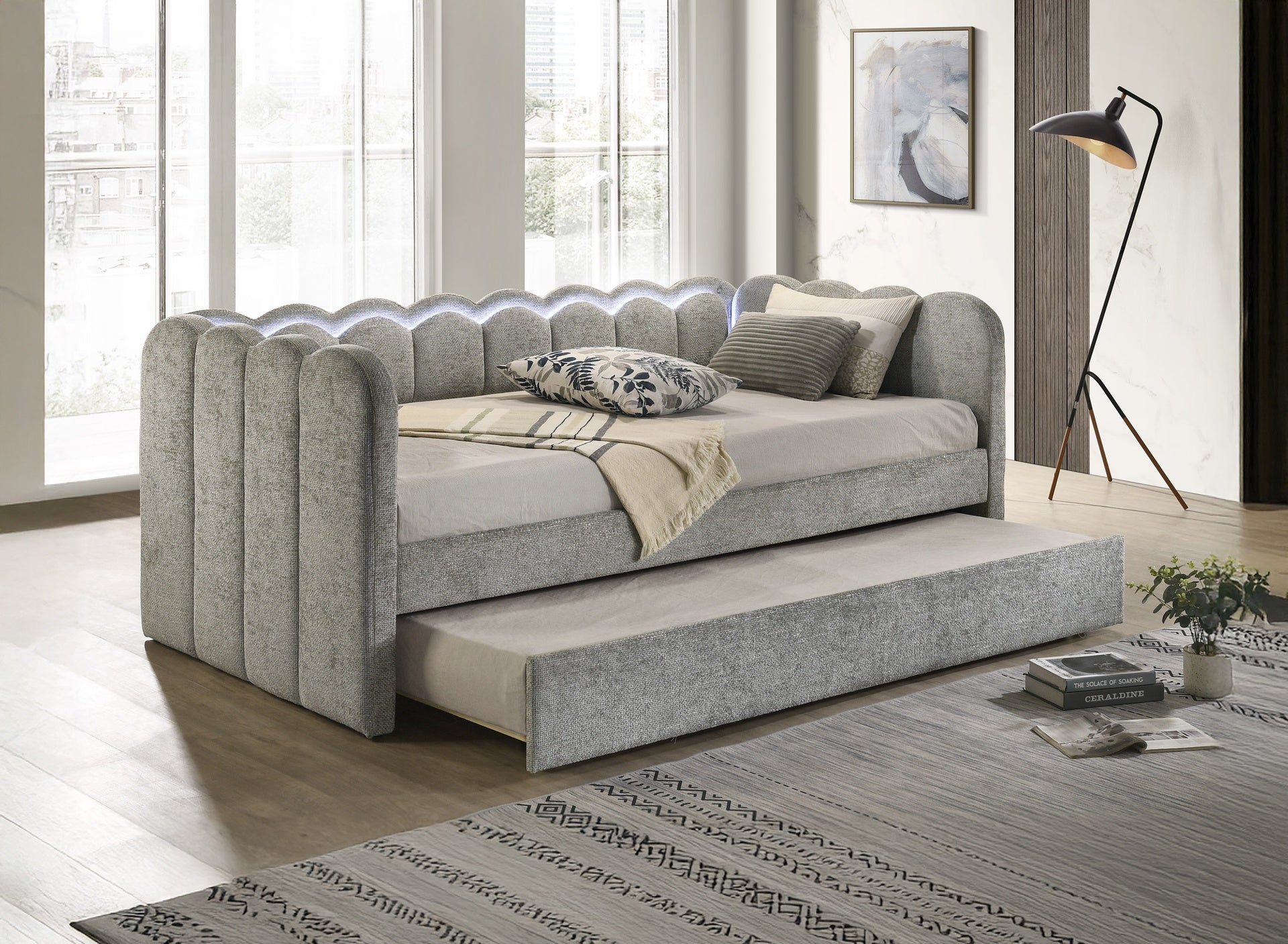 Luxurious 1pc Scalloped Silhouette Integrated Led Lighting Beautifully Upholstered Pull-out Trundle Light Gray Bedroom Living Room Furniture
