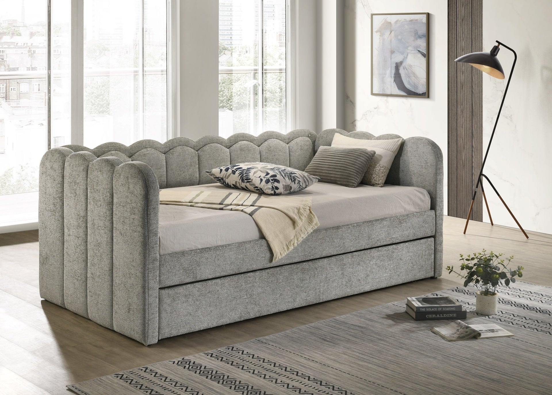 Luxurious 1pc Scalloped Silhouette Integrated Led Lighting Beautifully Upholstered Pull-out Trundle Light Gray Bedroom Living Room Furniture