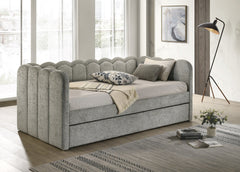 Luxurious 1pc Scalloped Silhouette Integrated Led Lighting Beautifully Upholstered Pull-out Trundle Light Gray Bedroom Living Room Furniture