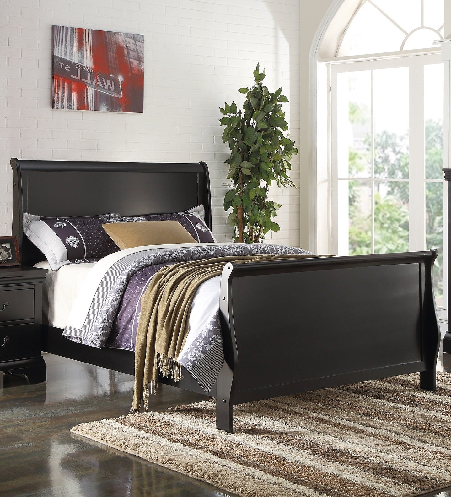 Modern 1pc Twin Size Bed Sleigh Design Headboard Footboard Plywood 1pc Bedframe Louis Phillippe Bedroom Furniture