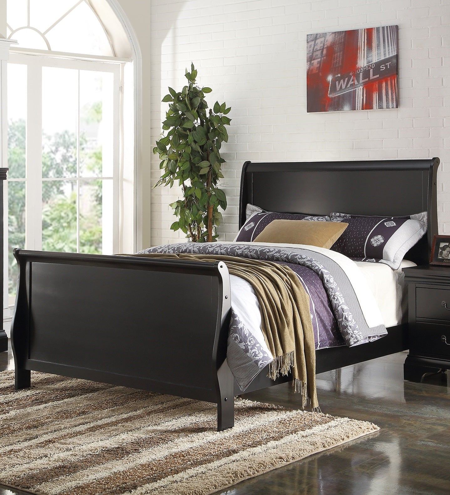 Modern 1pc Twin Size Bed Sleigh Design Headboard Footboard Plywood 1pc Bedframe Louis Phillippe Bedroom Furniture
