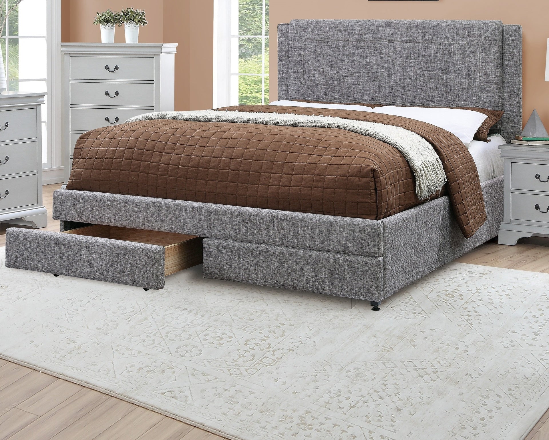 Light Gray Fabric Upholstered Contemporary 1pc Full Size Bed w Storage Drawers FB Bedroom Furniture 1pc Bed Set