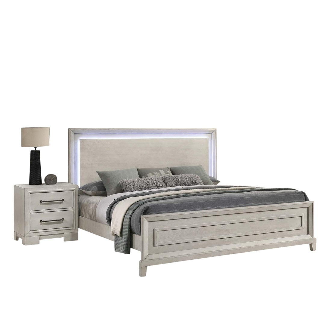 Elegant Style Queen Size Bed LED Lights On Headboard Antique White Finish Bedroom Furniture