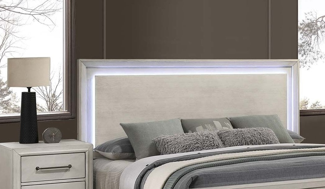Elegant Style Queen Size Bed LED Lights On Headboard Antique White Finish Bedroom Furniture
