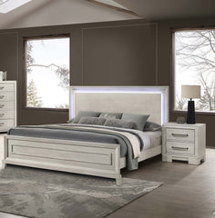Elegant Style Queen Size Bed LED Lights On Headboard Antique White Finish Bedroom Furniture