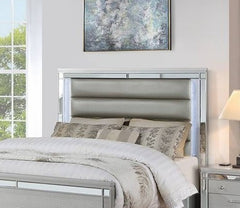 Queen Size 1pc Bed Built In LED Lights Glass Panel Round Gourd Legs Horizontal Tufting Silver Finish Bedroom Furniture