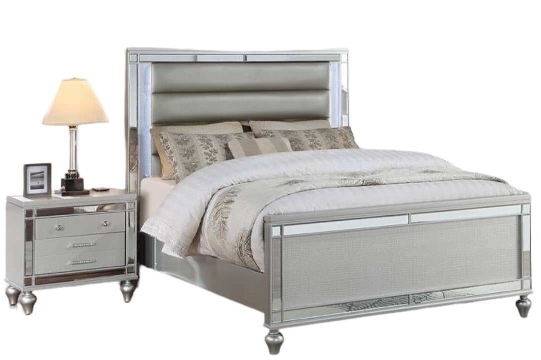 Queen Size 1pc Bed Built In LED Lights Glass Panel Round Gourd Legs Horizontal Tufting Silver Finish Bedroom Furniture