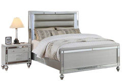 Queen Size 1pc Bed Built In LED Lights Glass Panel Round Gourd Legs Horizontal Tufting Silver Finish Bedroom Furniture