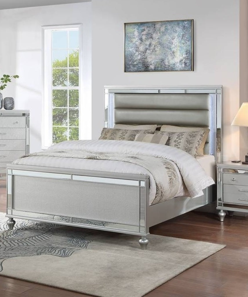 Queen Size 1pc Bed Built In LED Lights Glass Panel Round Gourd Legs Horizontal Tufting Silver Finish Bedroom Furniture