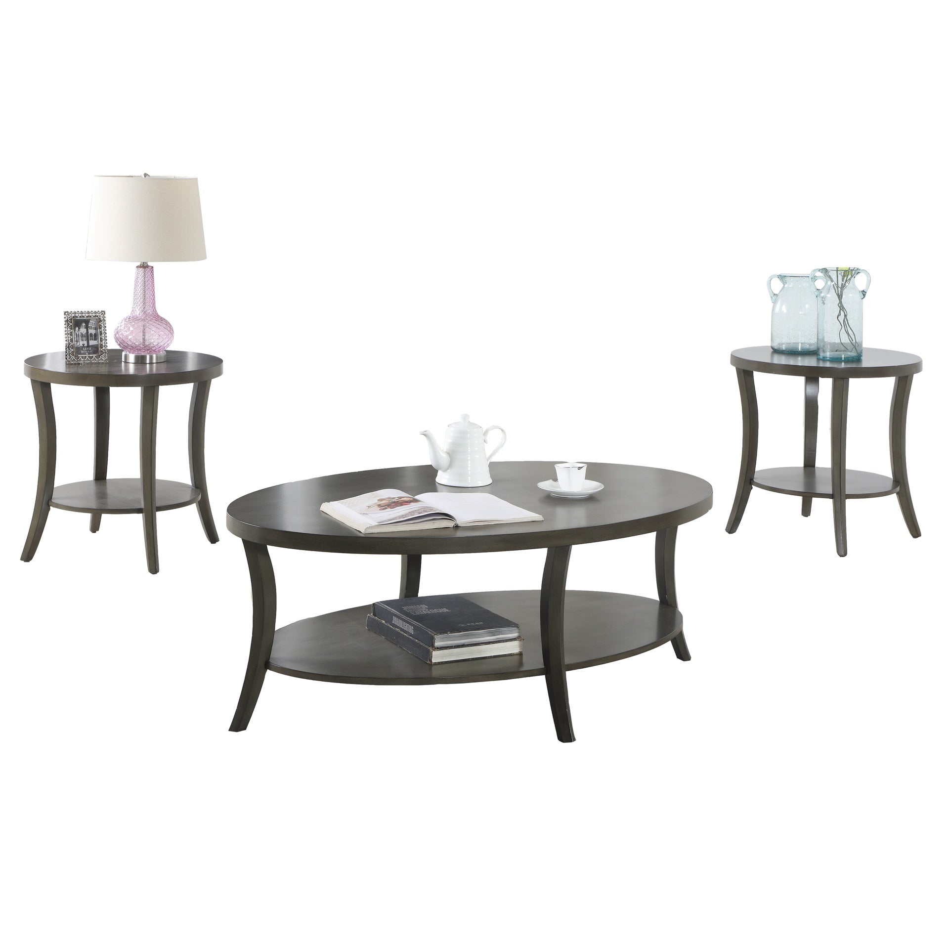 Perth Contemporary Oval Shelf Coffee Table Set, Gray