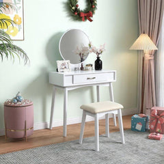 Maly Contemporary Wood Vanity and Stool Set, White