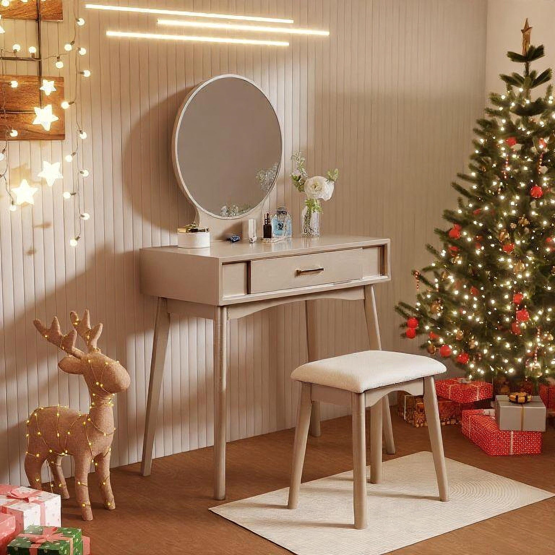 Maly Contemporary Wood Vanity and Stool Set, Gold