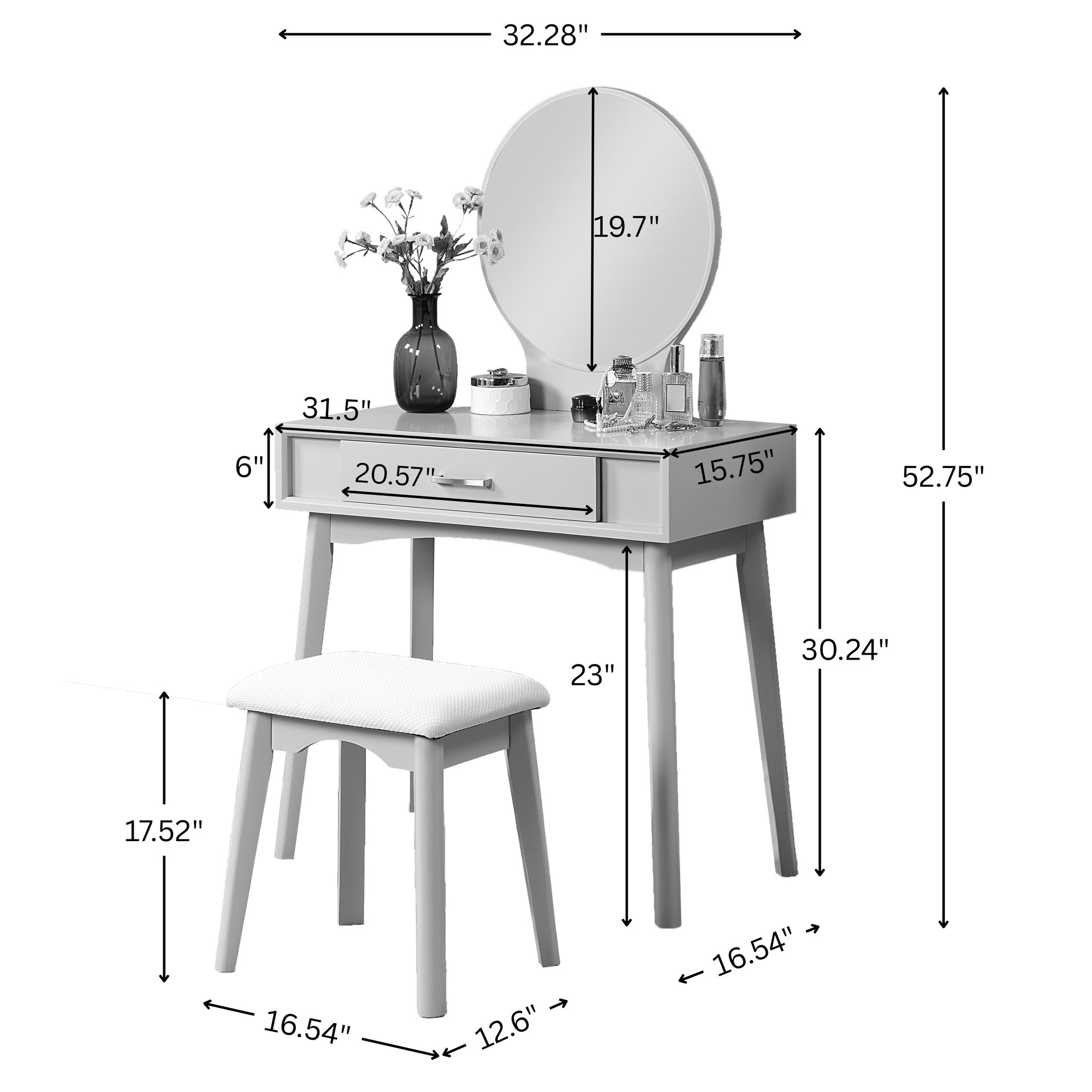 Maly Contemporary Wood Vanity and Stool Set, Gold