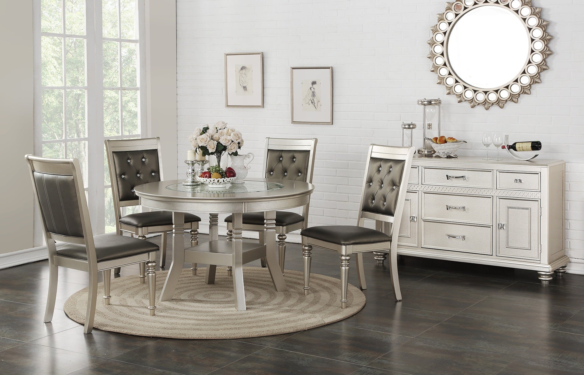 Round Dining Table Silver / Grey Finish Rubber wood Frame Center Glass Top Dinette Table
