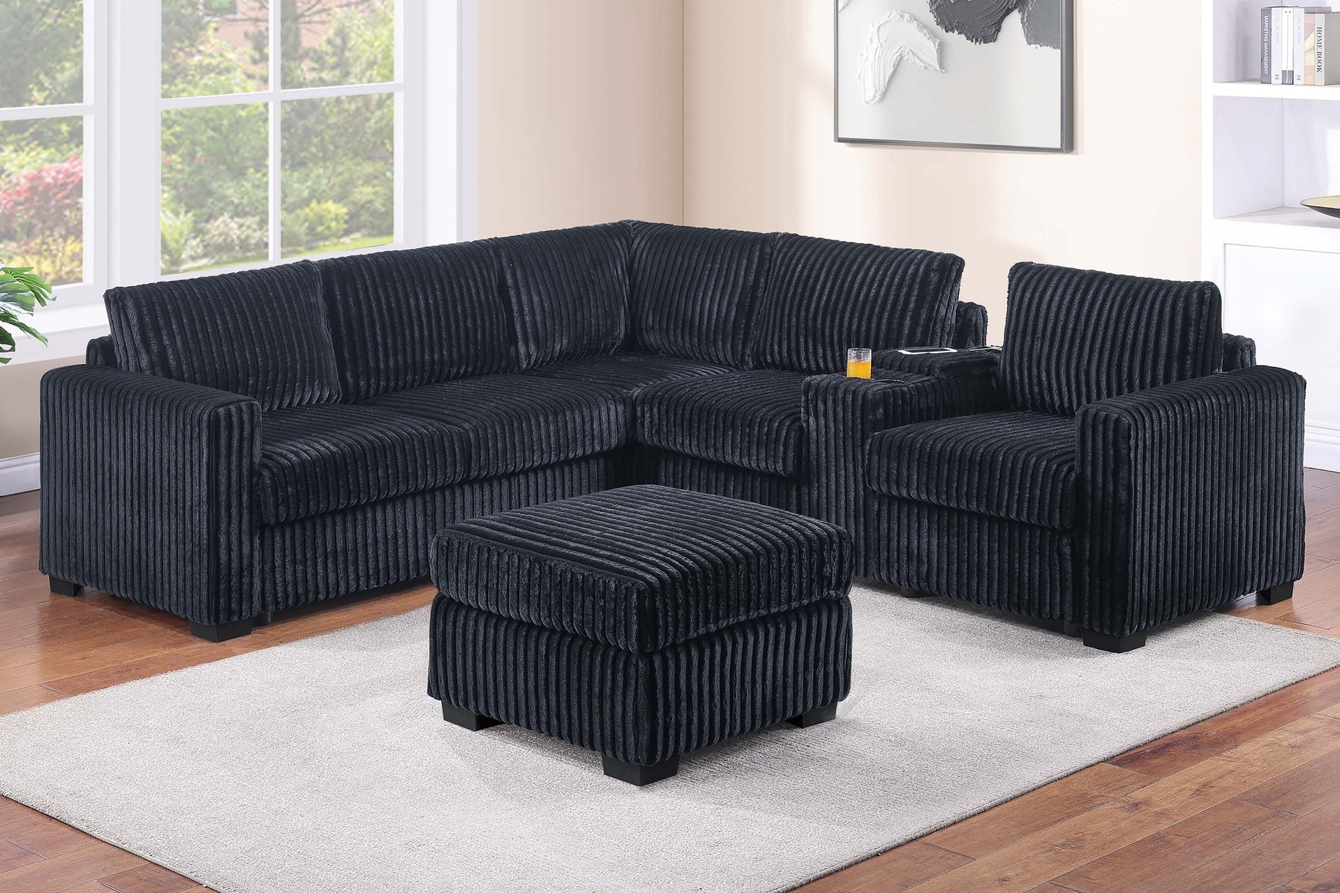 Contemporary Style L-Shaped 4pc Sectional Set USB Cup Holder Loveseat Cushion Back Plastic Legs Cocktail Ottoman Square Arms Black Finish Primary Living Room