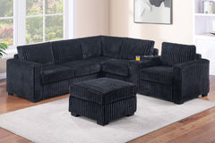 Contemporary Style L-Shaped 4pc Sectional Set USB Cup Holder Loveseat Cushion Back Plastic Legs Cocktail Ottoman Square Arms Black Finish Primary Living Room