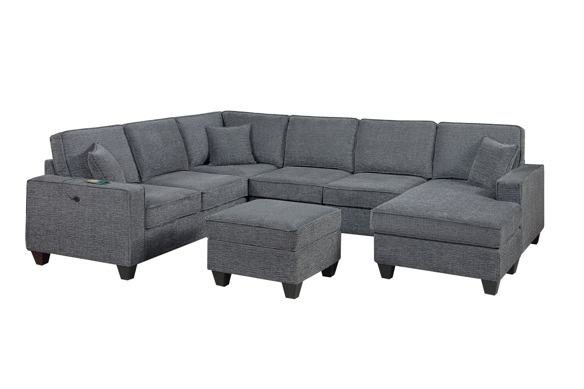 Contemporary Style 5pc Sectional Set Left Arm Loveseat With USB Port Corner Wedges Ottoman Armless Chairs Right Arm Loveseat With Chaise Slate Gray Finish Primary Living Room