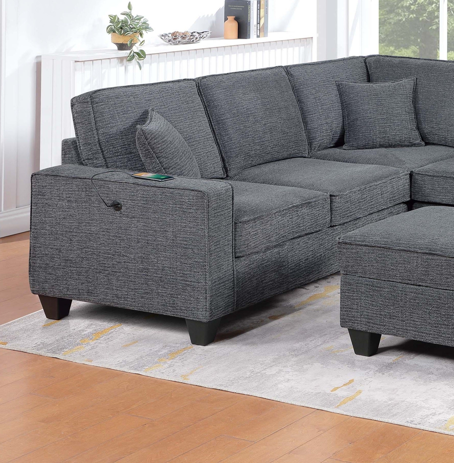 Contemporary Style 5pc Sectional Set Left Arm Loveseat With USB Port Corner Wedges Ottoman Armless Chairs Right Arm Loveseat With Chaise Slate Gray Finish Primary Living Room