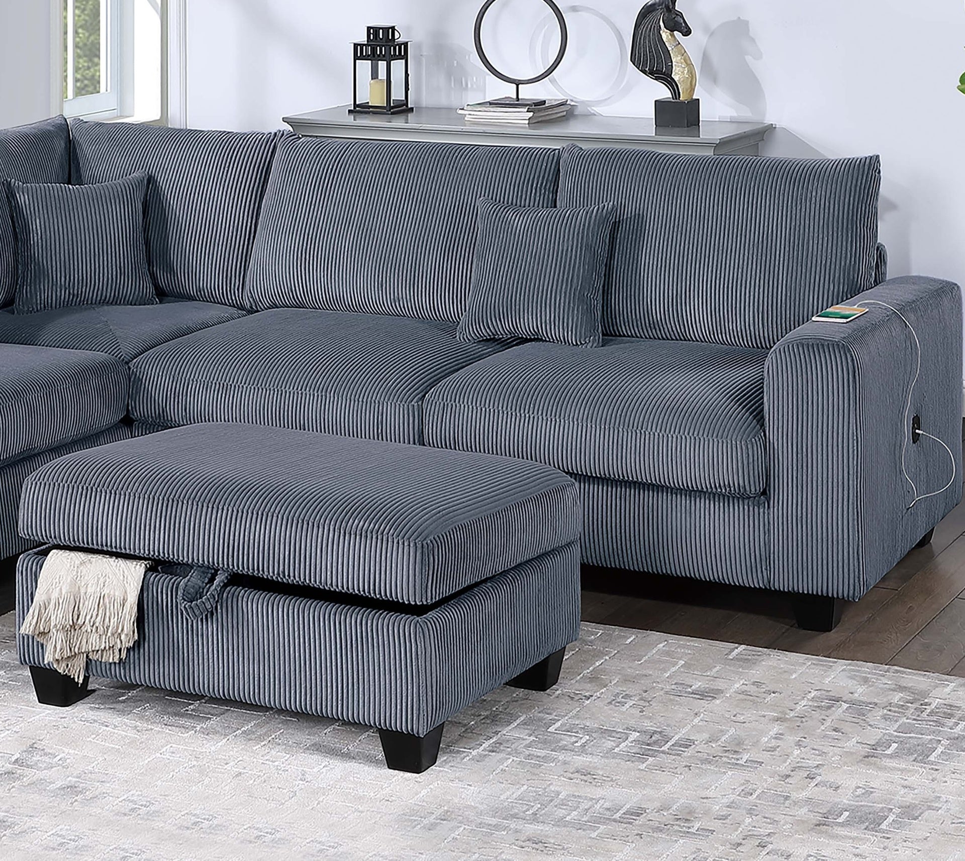 Modern Style 3pc Sectional Set USB Port Storage Ottoman Right Arm Chaise Left Arm Sofa Dark Gray Finish Primary Living Room