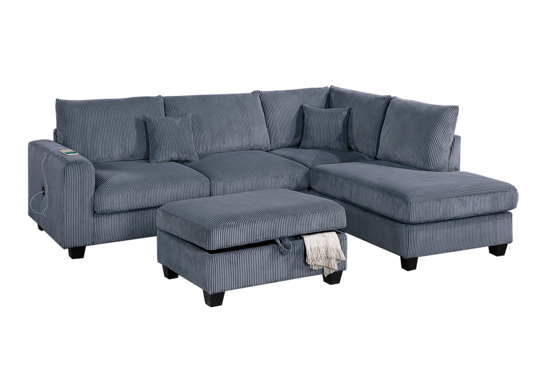 Modern Style 3pc Sectional Set USB Port Storage Ottoman Right Arm Chaise Left Arm Sofa Dark Gray Finish Primary Living Room
