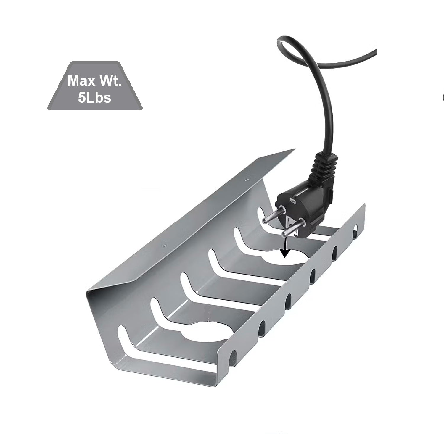 Metal under desk table mount cable management rack ventilation and cord control slots Black