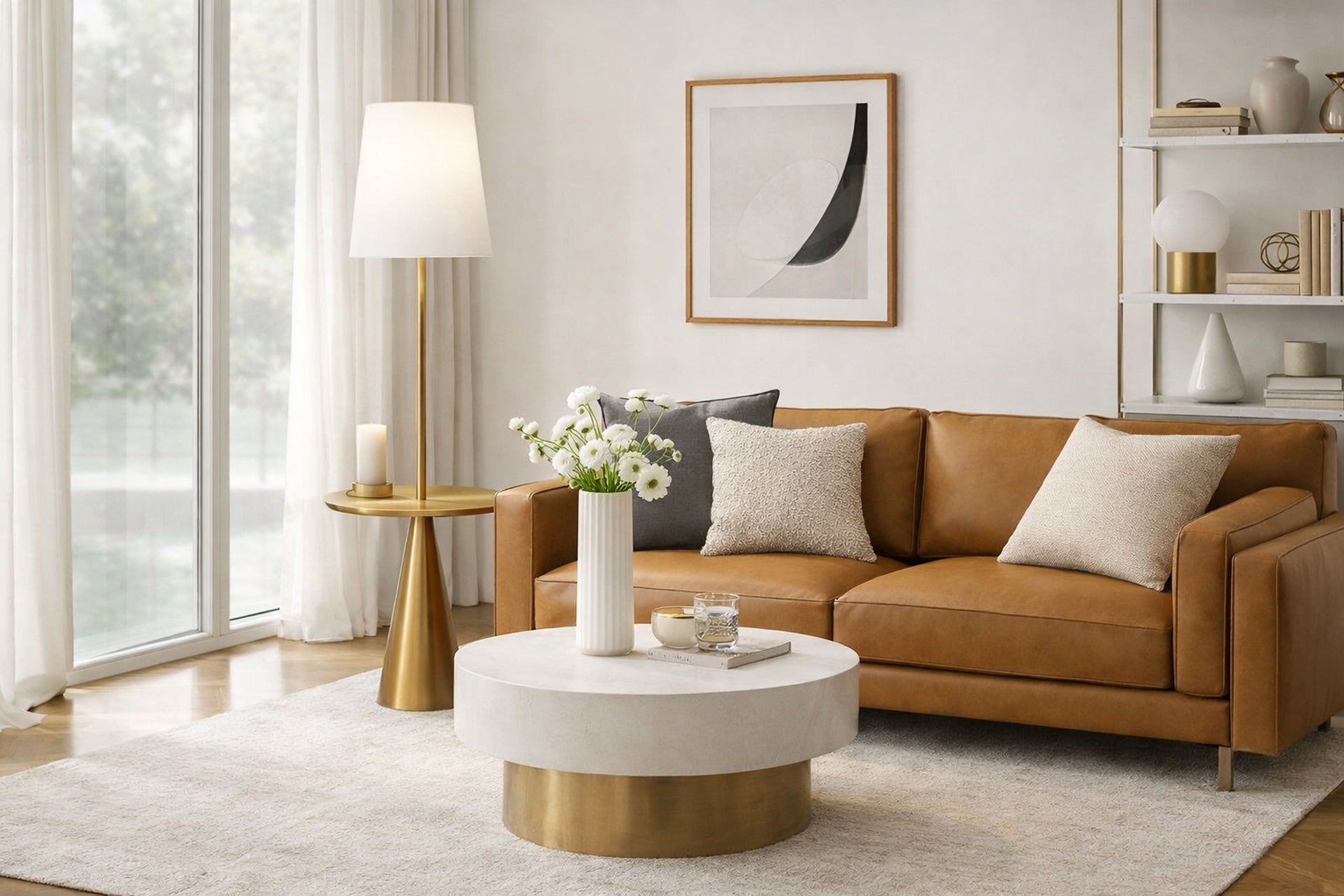 Celestial Modern Floor Lamp with Brass Accent Table with Large White Shade