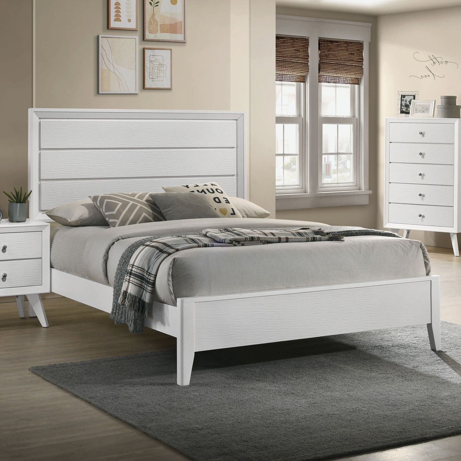 White King Size Bed 2x Nightstands Wave Texture Panel HB Bedroom Furniture Contemporary 3pc Set