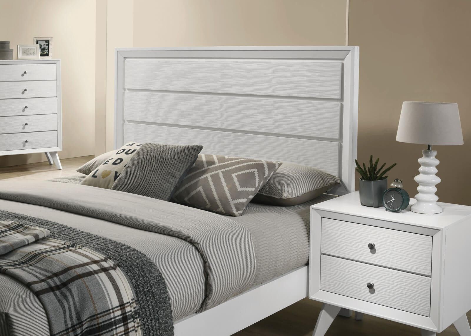 White King Size Bed 2x Nightstands Wave Texture Panel HB Bedroom Furniture Contemporary 3pc Set