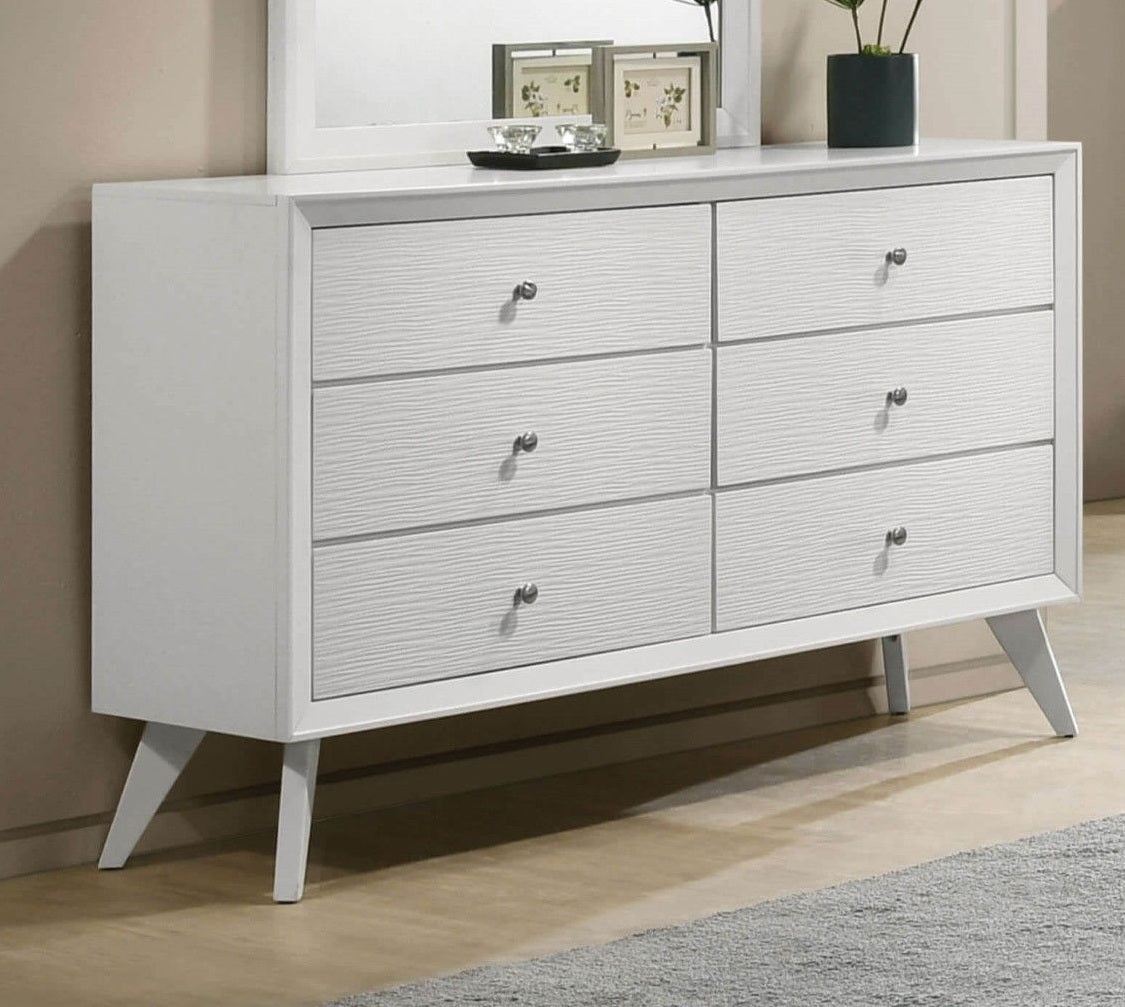 Contemporary White Dresser W Mirror Angled Legs Round Bronze Round Knobs Bedroom Solidwood Furniture