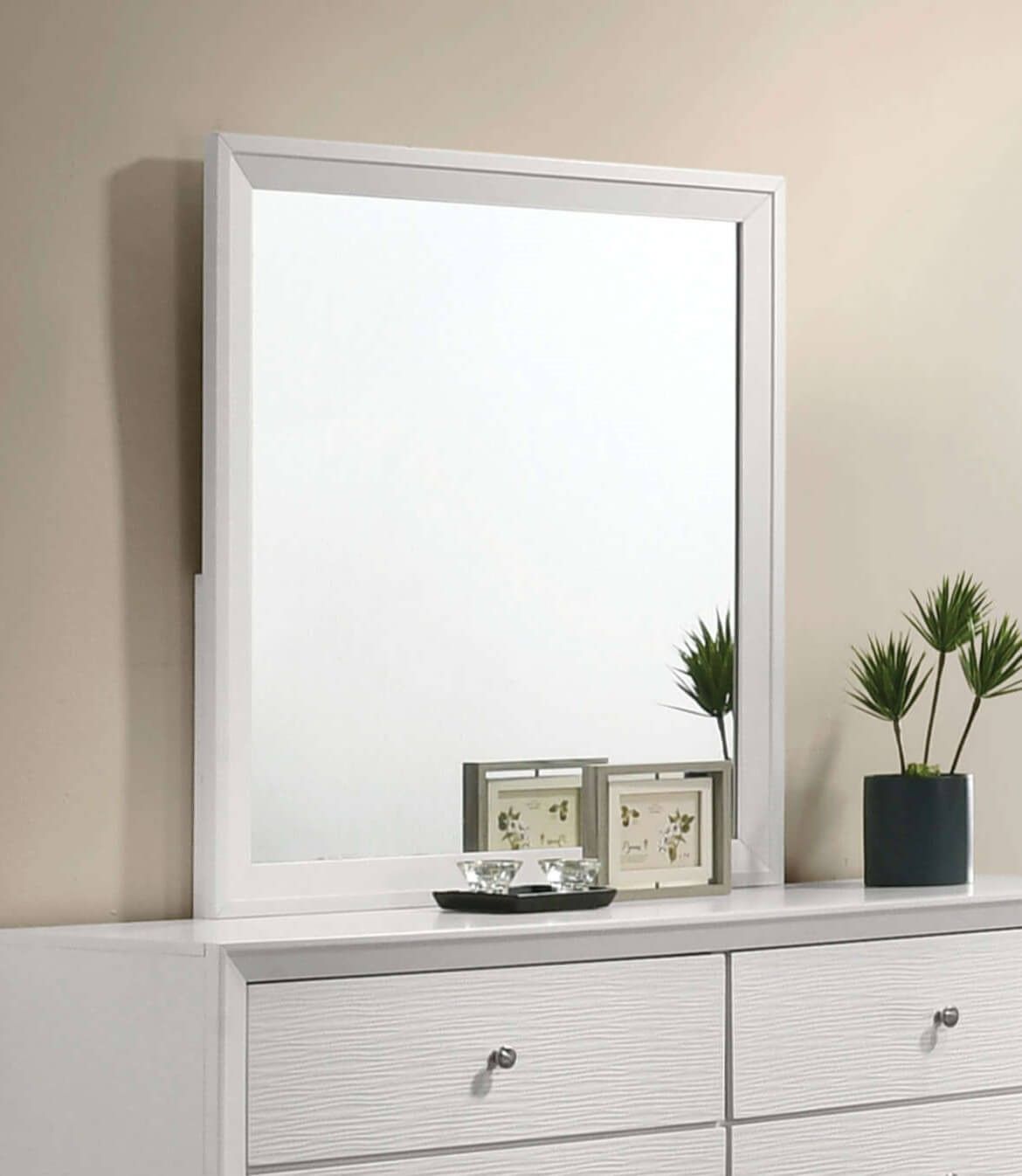 Contemporary White Dresser W Mirror Angled Legs Round Bronze Round Knobs Bedroom Solidwood Furniture