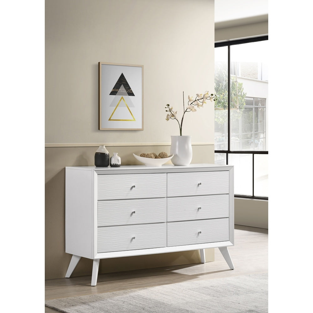 Contemporary White Dresser W Mirror Angled Legs Round Bronze Round Knobs Bedroom Solidwood Furniture