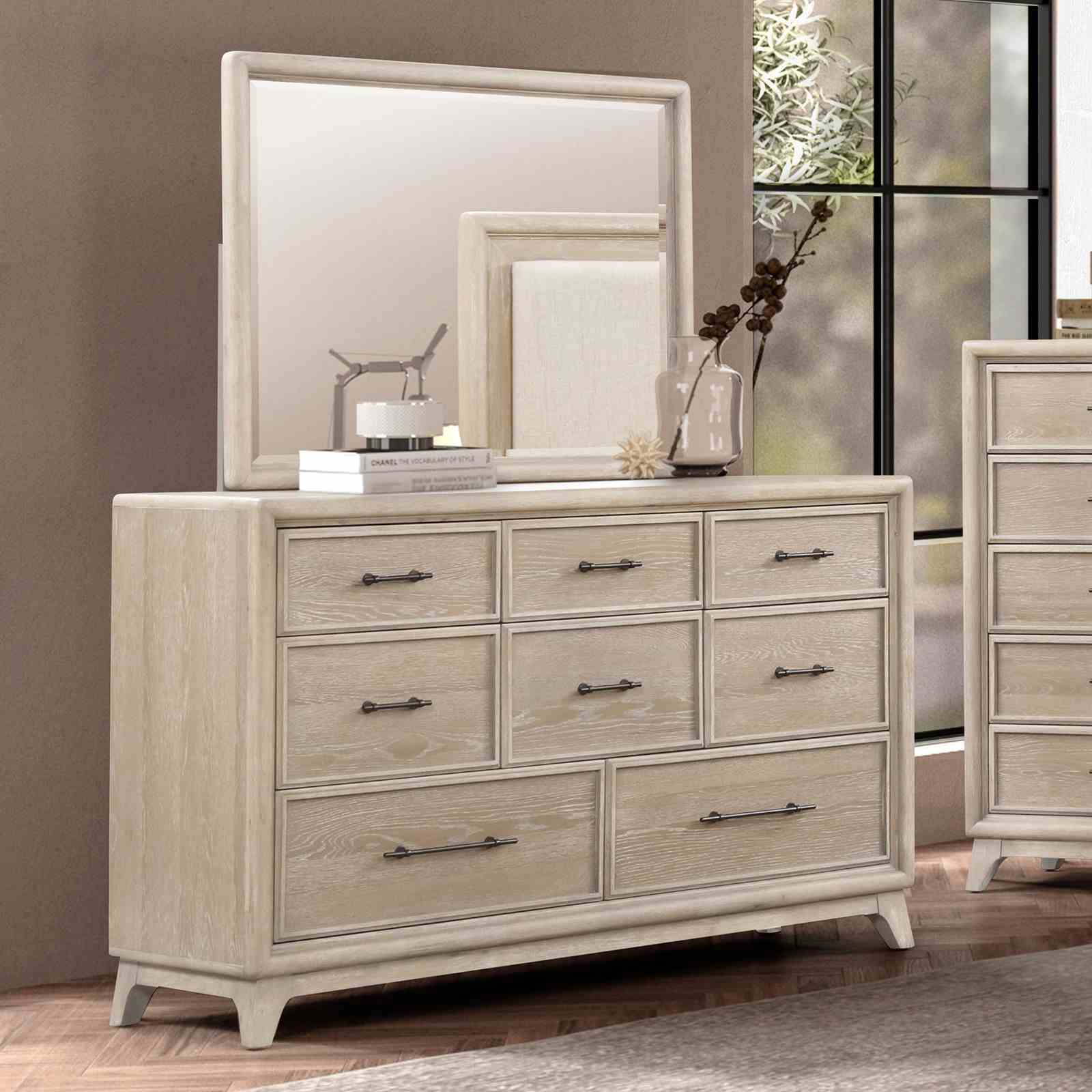 Oak Finish Eight Drawers Dresser W Mirror Solid Rubberwood Contemporary Sleek Bedroom Ample Storage