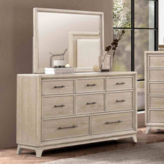 Oak Finish Eight Drawers Dresser W Mirror Solid Rubberwood Contemporary Sleek Bedroom Ample Storage