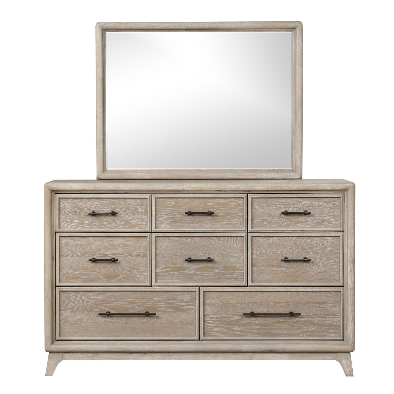 Oak Finish Eight Drawers Dresser W Mirror Solid Rubberwood Contemporary Sleek Bedroom Ample Storage