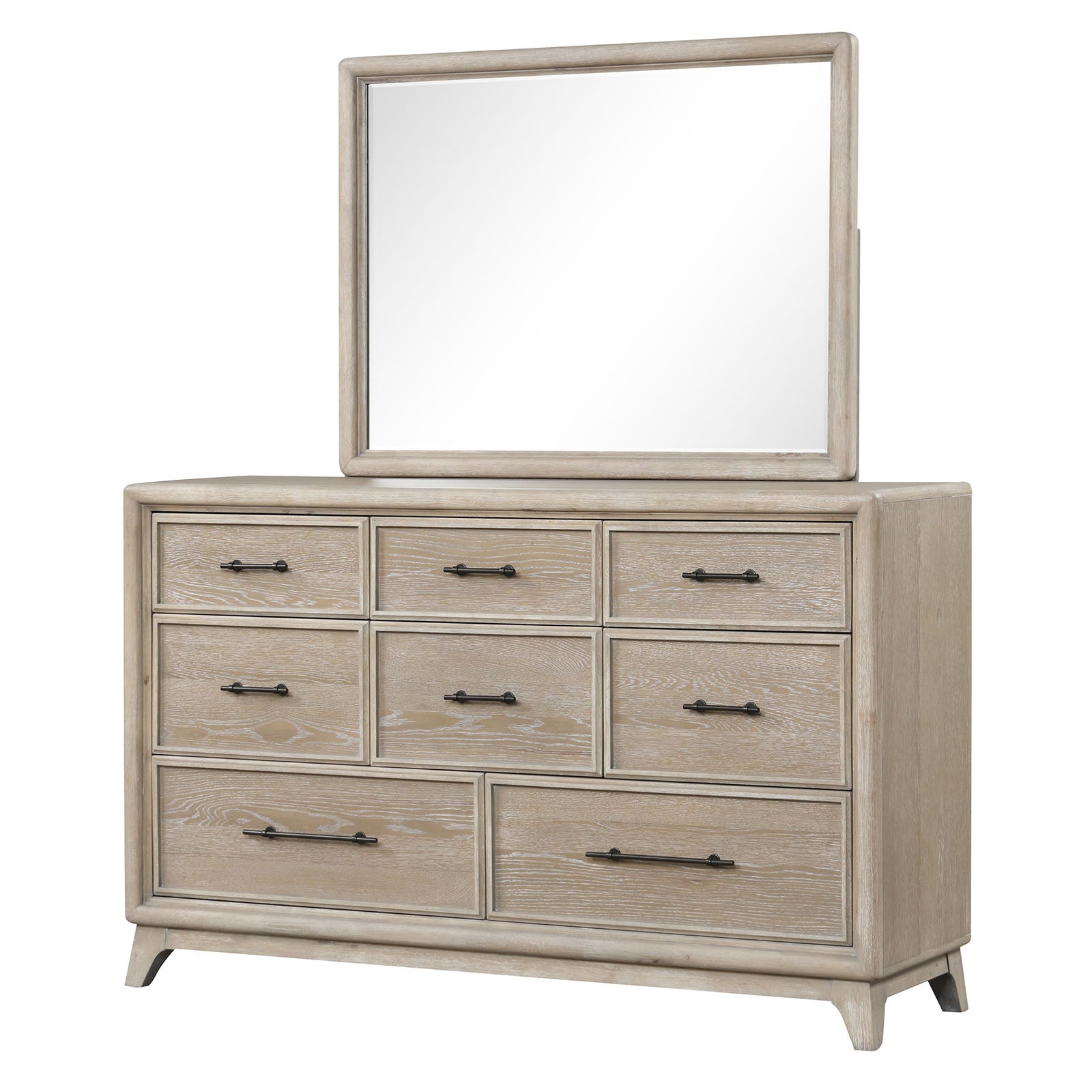 Oak Finish Eight Drawers Dresser W Mirror Solid Rubberwood Contemporary Sleek Bedroom Ample Storage