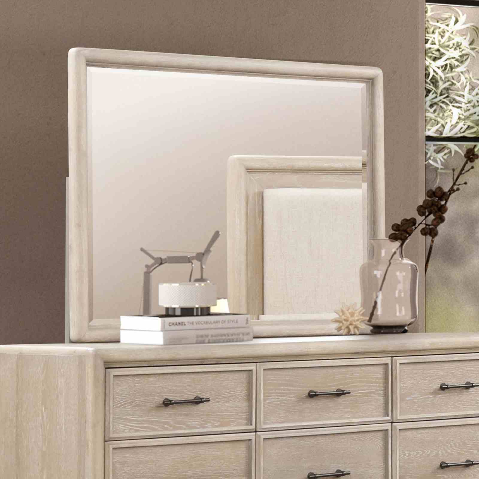 Oak Finish Eight Drawers Dresser W Mirror Solid Rubberwood Contemporary Sleek Bedroom Ample Storage