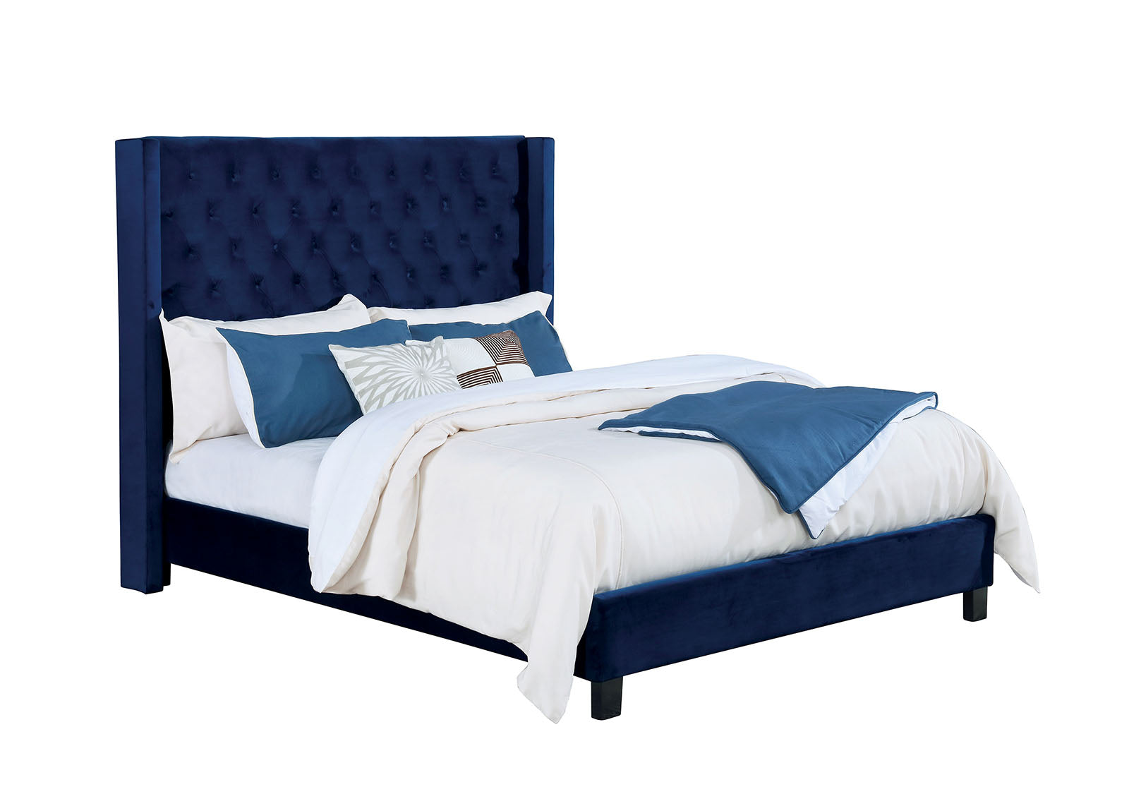 Modern Bedroom Furniture Navy 1pc Est King Size Bed Upholstered Frame Fabric Tufted HB Wingback Design