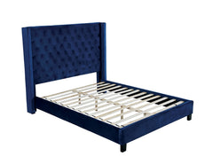 Modern Bedroom Furniture Navy 1pc Queen Size Bed Upholstered Frame Fabric Tufted HB Wingback Design