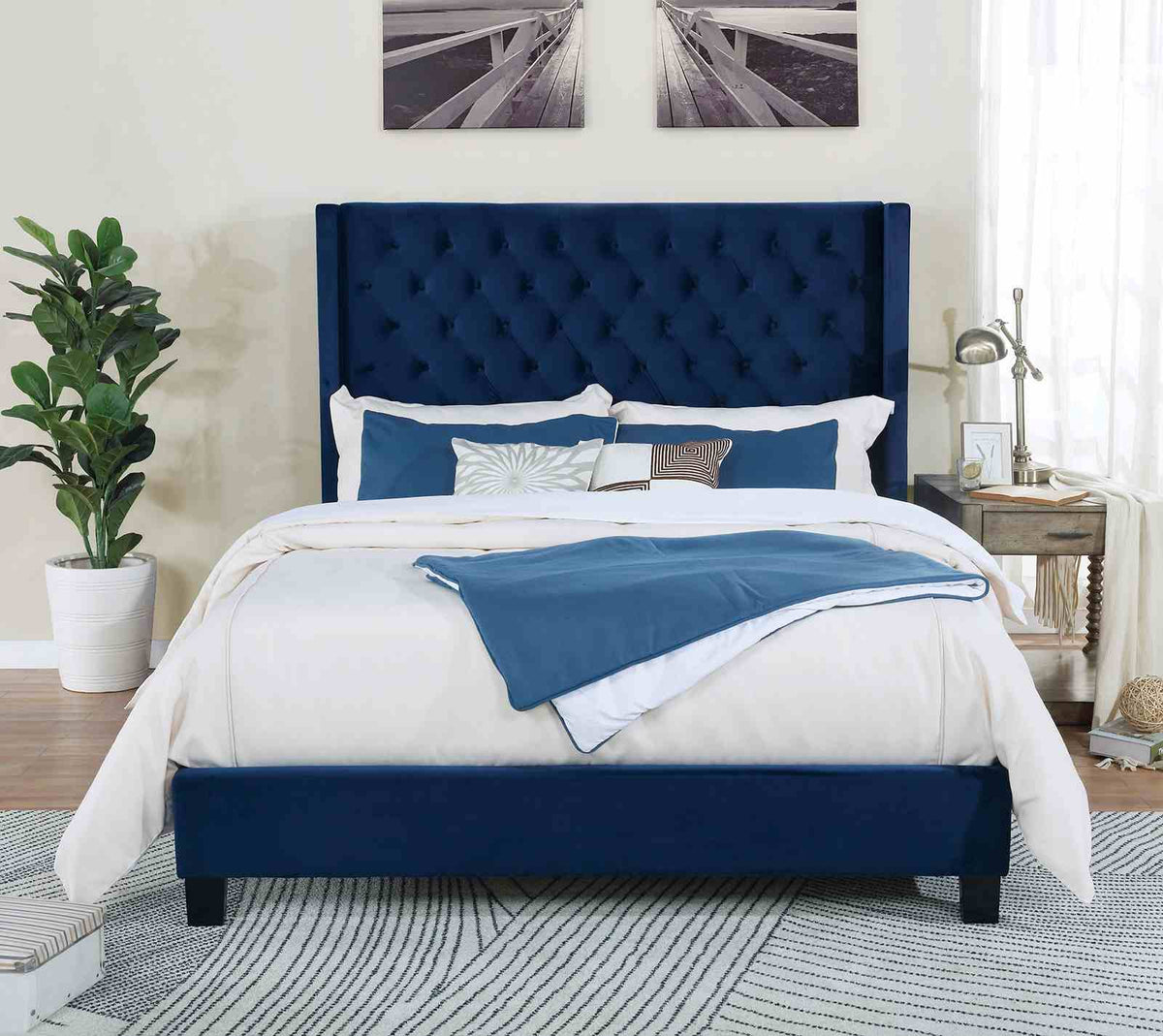 Modern Bedroom Furniture Navy 1pc Queen Size Bed Upholstered Frame Fabric Tufted HB Wingback Design