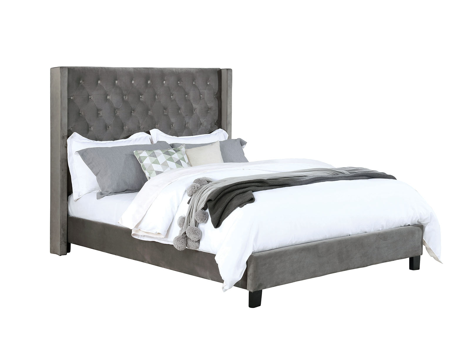 Transitional Gray 1pc Est King Size Bed Upholstered Frame Fabric Tufted HB Bedroom Wingback Design