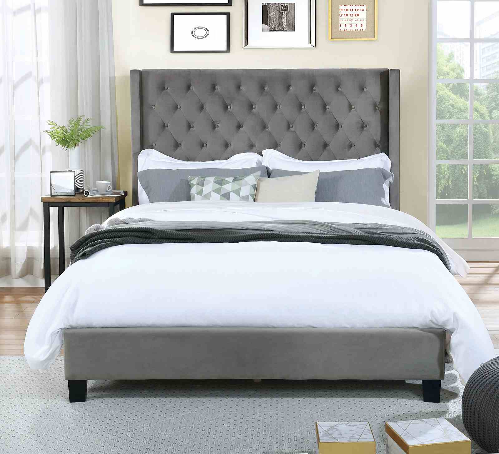Transitional Gray 1pc Queen Size Bed Upholstered Frame Fabric Tufted HB Bedroom Wingback Design