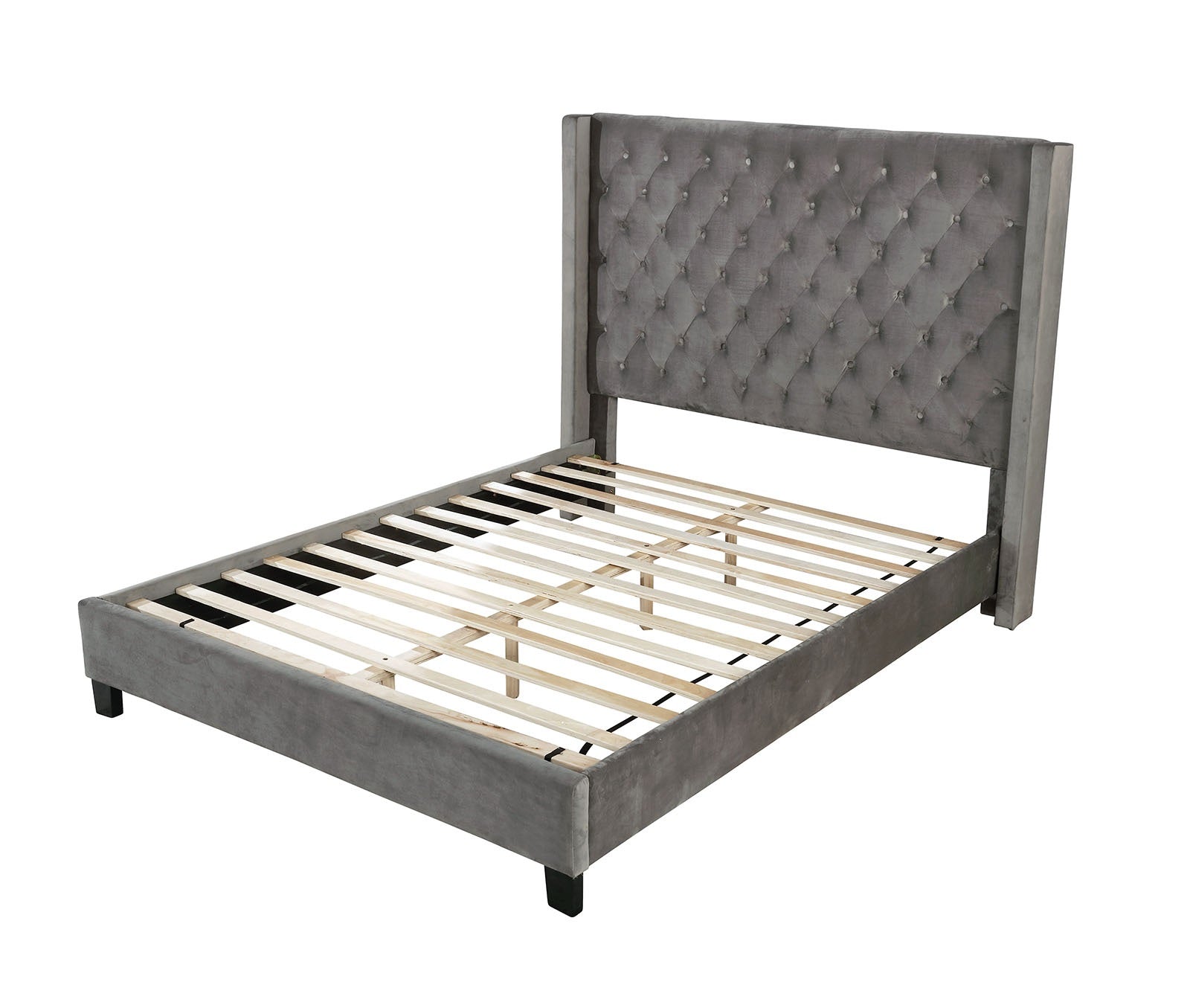 Transitional Gray 1pc Queen Size Bed Upholstered Frame Fabric Tufted HB Bedroom Wingback Design