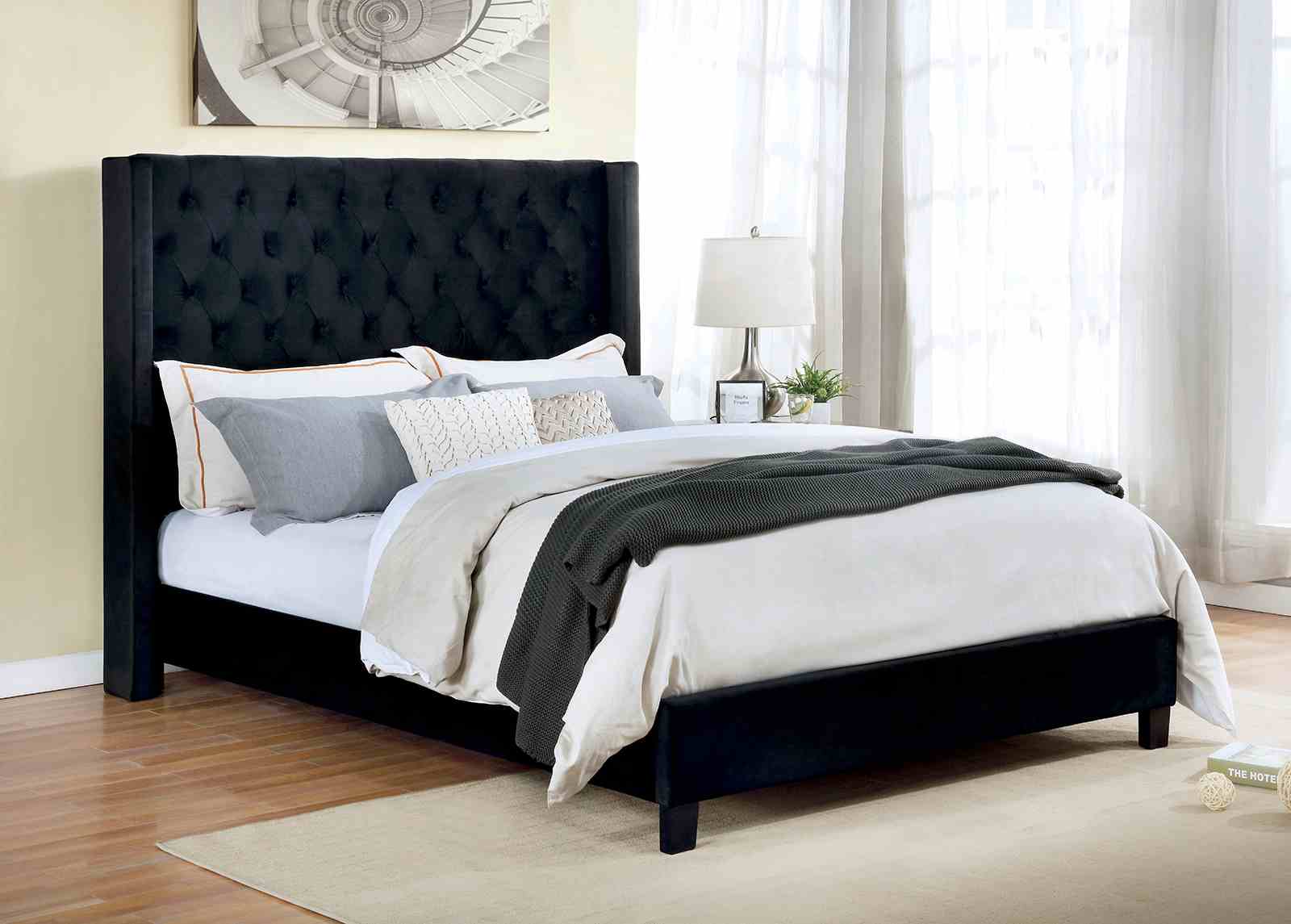 Elegant Black 1pc Eastern King Size Bed Fully Upholstered Frame Fabric Tufted HB Bedroom Wingback Design