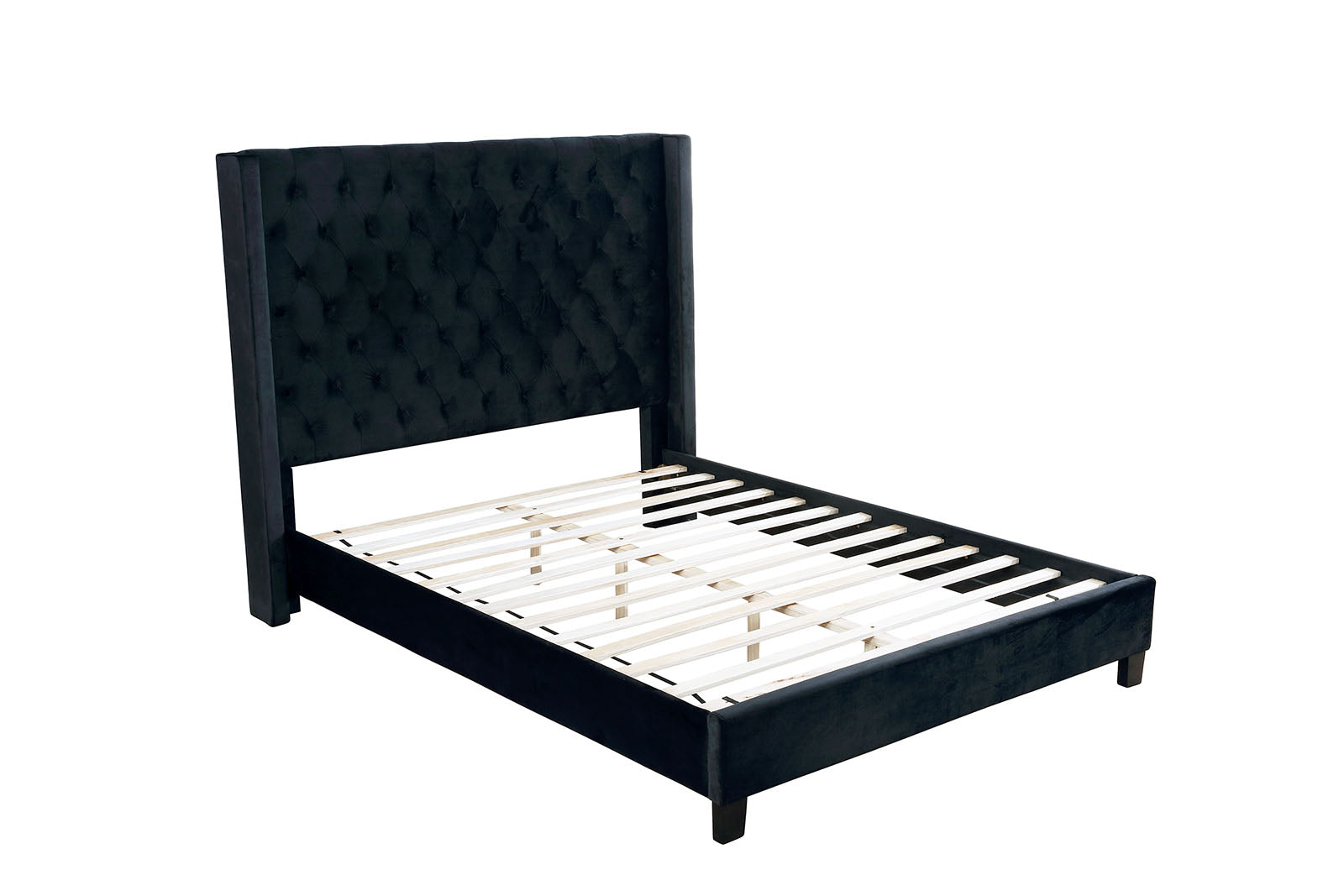 Elegant Black 1pc Eastern King Size Bed Fully Upholstered Frame Fabric Tufted HB Bedroom Wingback Design